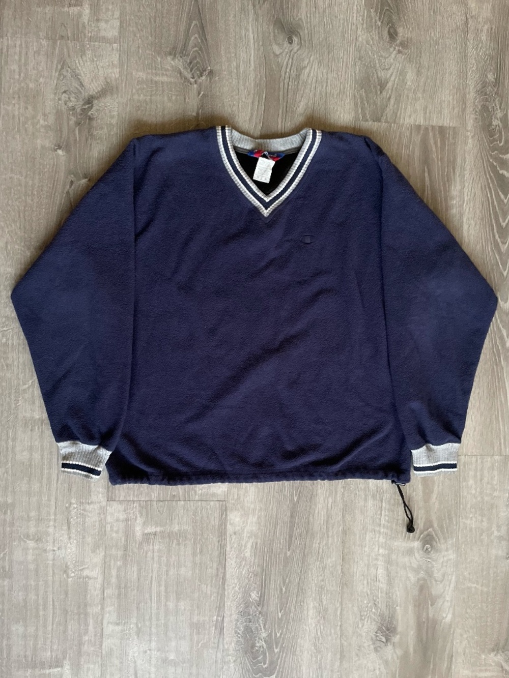 Vintage Champion Mens/Unisex Blue Fleece V-Neck Sweatshirt Drawstring Hem - Med